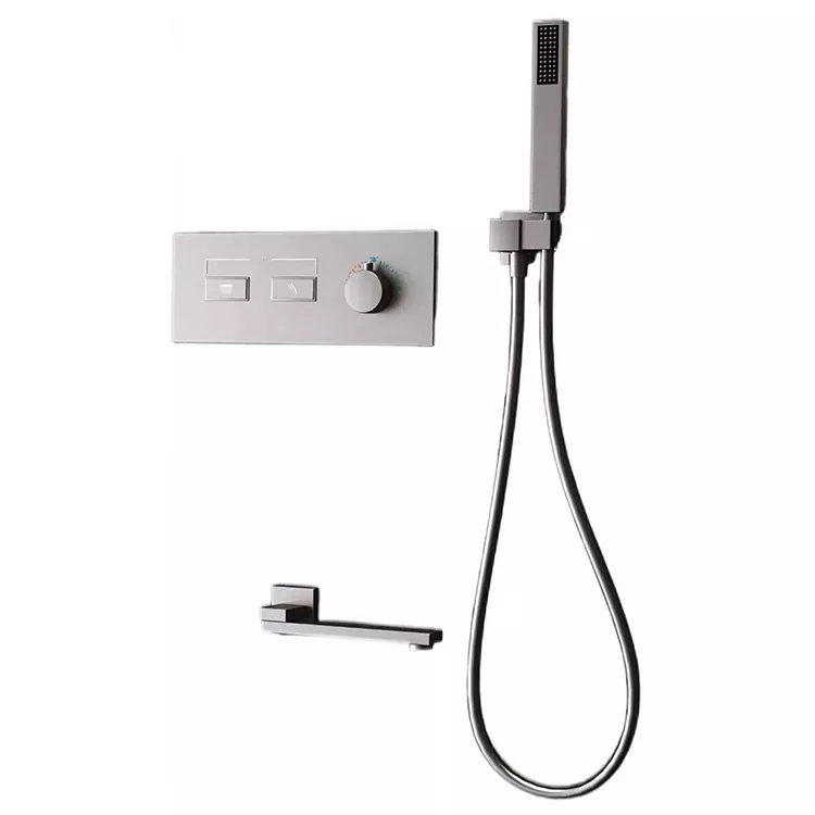 Minimalistinė tamsaus metalo dvigubo išėjimo dušo galvutė